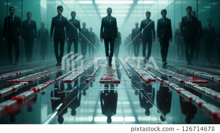 Corporate Clones Marching Through Sterile Corridor with Blood-Streaked Floor 126714678
