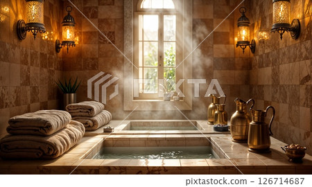 Luxurious Hammam Spa Retreat with Sunlit Moroccan Bath and Golden Accessories 126714687