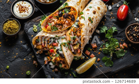 Gourmet Mexican Burritos with Fresh Fillings Served on Rustic Stone Background 126714689