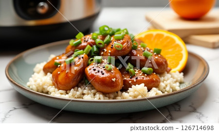 Orange Glazed Asian Chicken with Sesame Seeds Served Over Steamed Rice Bowl 126714698