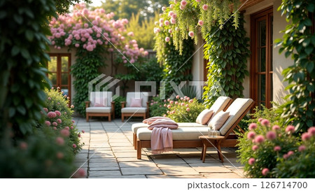 Elegant Garden Retreat with Blooming Pink Roses and Luxurious Lounge Furniture 126714700
