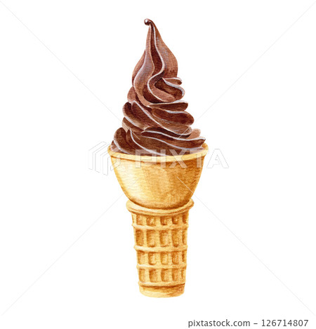 Watercolor hand drawn illustration with chocolate ice cream in a waffle cone  126714807