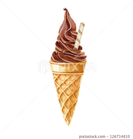 Watercolor hand drawn illustration with chocolate ice cream with chocalate wafer tube in a waffle cone  126714810