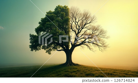 Duality of Life Revealed in Solitary Tree: Half-Lush Foliage, Half-Barren Branches 126714824
