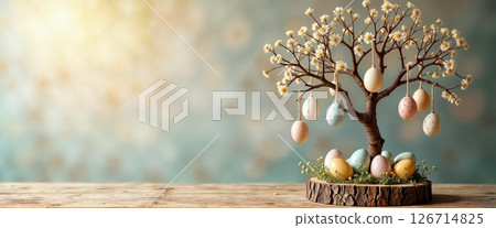 Easter Egg Tree Decoration with Delicate Blossoms on Wooden Surface 126714825