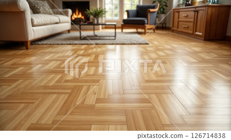 Elegant Parquet Flooring in Warm-Toned Living Room with Cozy Fireplace Ambiance 126714838