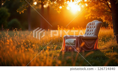 Tranquil Golden Hour Armchair Awaiting in Sunlit Meadow Under Autumn Trees 126714840