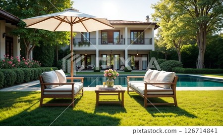 Garden Retreat with Contemporary Pool and Elegant Outdoor Lounge Area 126714841