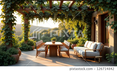 Outdoor Patio Retreat with Vine-Covered Pergola and Mountain Views 126714842