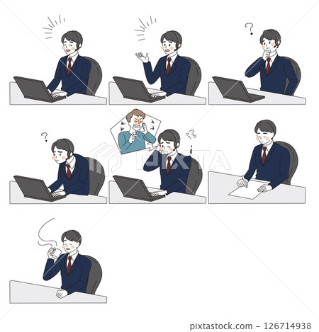 處理顧客和投訴的男性操作員的面部表情集 126714938