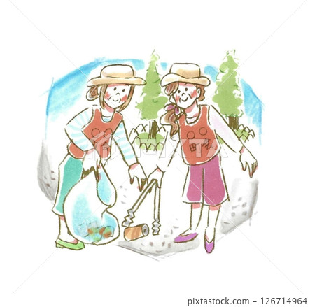 兩名老年婦女在當地政府設施撿垃圾 兩名老年婦女在當地政府設施撿垃圾 126714964