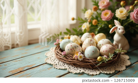 Delicate Easter Eggs Nestled in Woven Basket with Spring Blooms and Vintage Charm 126715009