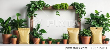 Indoor Houseplant Garden Display with Premium Soil Packaging and Wooden Frame with Copy Space 126715051