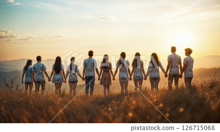 United in Golden Light: Friends Standing Together on Mountain Hilltop at Sunset 126715068