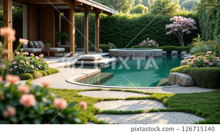 Luxury Poolside Retreat with Japanese-Inspired Garden and Wooden Pavilion 126715140