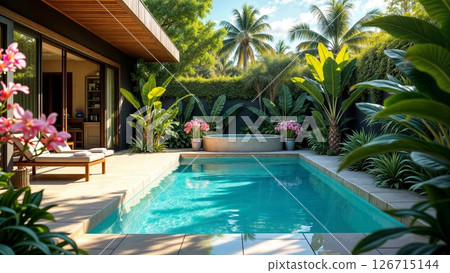 Tropical Paradise Plunge Pool Oasis with Lush Palms and Modern Villa Retreat 126715144