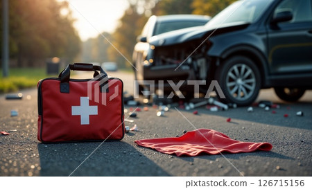 First aid kit on road after car accident 126715156
