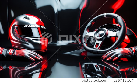 Red and Black Helmet with Driving Wheel and Gloves 126715164