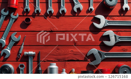 Precision Mechanics Workshop Tools Arranged on Vibrant Red Wooden Background 126715168