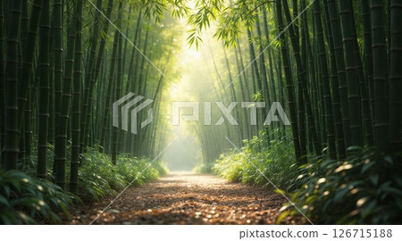 Mystical Bamboo Forest Path Illuminated by Golden Sunbeams Through Ancient Grove 126715188
