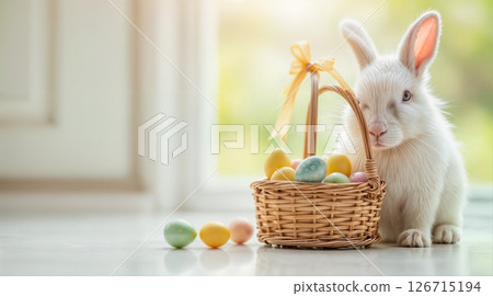 Elegant White Easter Bunny Posing Near Wicker Basket with Pastel Decorative Eggs Elegant White Easter Bunny Posing Near Wicker Basket with Pastel Decorative Eggs 126715194