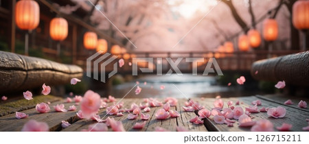 Cherry Blossom Petals Dancing on Wooden Bridge Under Traditional Japanese Lanterns 126715211