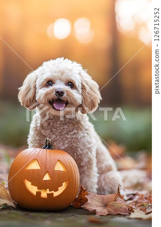 玩具貴賓犬和南瓜享受萬聖節氣氛 126715252