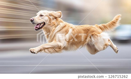 A golden retriever running energetically through the city 126715262