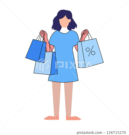 Woman carrying shopping bag marked with discount. Happy cartoon girl shopping bag during the sale. The joyful woman carrying a paper package. Mega sale concept vector illustration concept. Woman carrying shopping bag marked with discount. Happy cartoon girl shopping bag during the sale. The joyful woman carrying a paper package. Mega sale concept vector illustration concept. 126715270