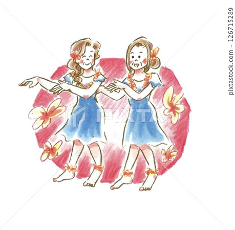 Two smiling senior women dancing hula Two smiling senior women dancing hula 126715289
