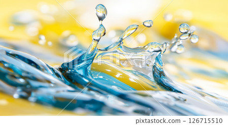 Close-up of blue water on yellow background with air bubbles 126715510