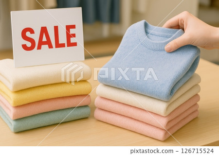 Knitwear clothes sale with folded sweaters and sale sign, retail store display 126715524