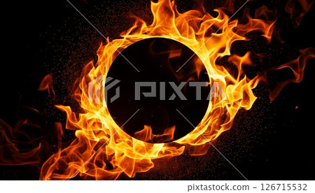 A texture of a ring of burning flames floating on a black background that can be used as a background for battles and competitions 126715532
