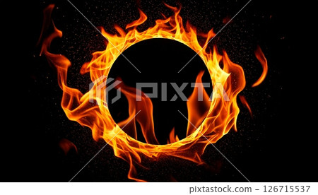 A texture of a ring of burning flames floating on a black background that can be used as a background for battles and competitions 126715537