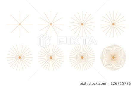 Radial circle sunburst, star explosion, sun beams logo, badge. Abstract simple geometric dotted round star rays. Radial circle sunburst, star explosion, sun beams logo, badge. Abstract simple geometric dotted round star rays. 126715786