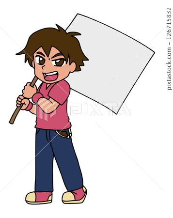 圖:男性支持者舉著旗幟,用盡全力歡呼 - 彩色 圖:男性支持者舉著旗幟,用盡全力歡呼 - 彩色 126715832