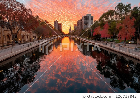 Serene Sunset Reflections on a City Canal Surrounded by Autumn Foliage 126715842