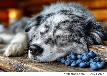 Sleeping Dog Resting Its Head Near a Pile of Blueberries on a Wooden Surface 126715924