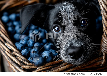 Curious Puppy Peeking from a Basket of Vibrant Blueberries 126715925