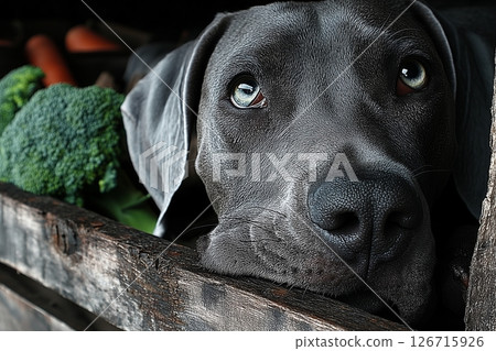 Mysterious Dog Gazing Through a Wooden Crate with Broccoli in the Background 126715926
