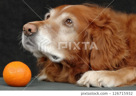 A Golden Retriever Lying Beside an Orange on a Dark Surface 126715932