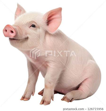 Cute piglet with pink skin, cute baby pig, cheerful farm animal, isolated on transparent background 126715956
