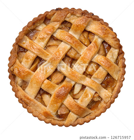 Delicious homemade apple pie with lattice crust, cinnamon aroma, golden brown pastry, fresh baked dessert isolated on transparent background 126715957