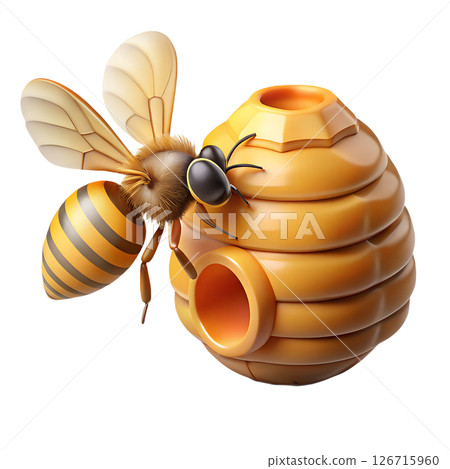Cartoon bee and honeycomb isolated on transparent background, cute yellow striped insect, natural honey production, pollination 126715960