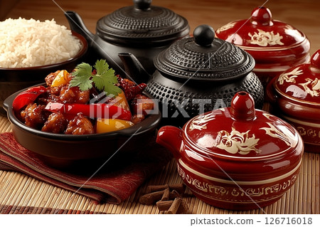Aromatic Asian Cuisine with Traditional Teapots and Rice 126716018