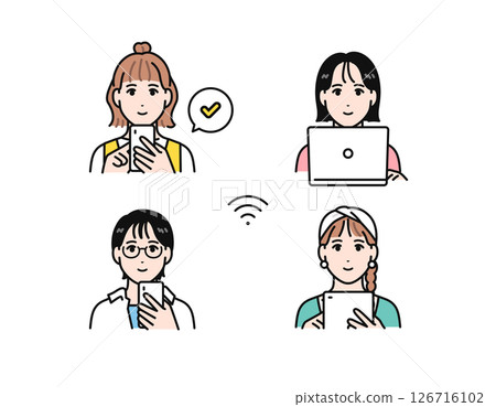 Simple vector illustration set of young women using online services 126716102