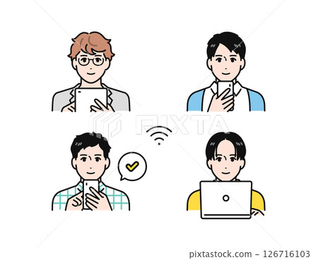 Simple vector illustration set of a young man operating a smartphone, tablet device, or PC 126716103
