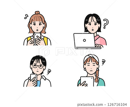 簡單的向量插圖集，描繪了一位年輕女子在看智慧型手機、平板電腦或筆記型電腦時遇到困難 126716104