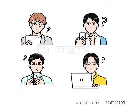 簡單的向量插圖集，描繪了一位年輕男子在看智慧型手機、平板電腦或筆記型電腦時遇到困難 126716105