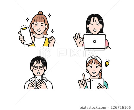 簡單的向量插圖集，一位年輕女子高興地看著她的智慧型手機、平板電腦和筆記型電腦 126716106